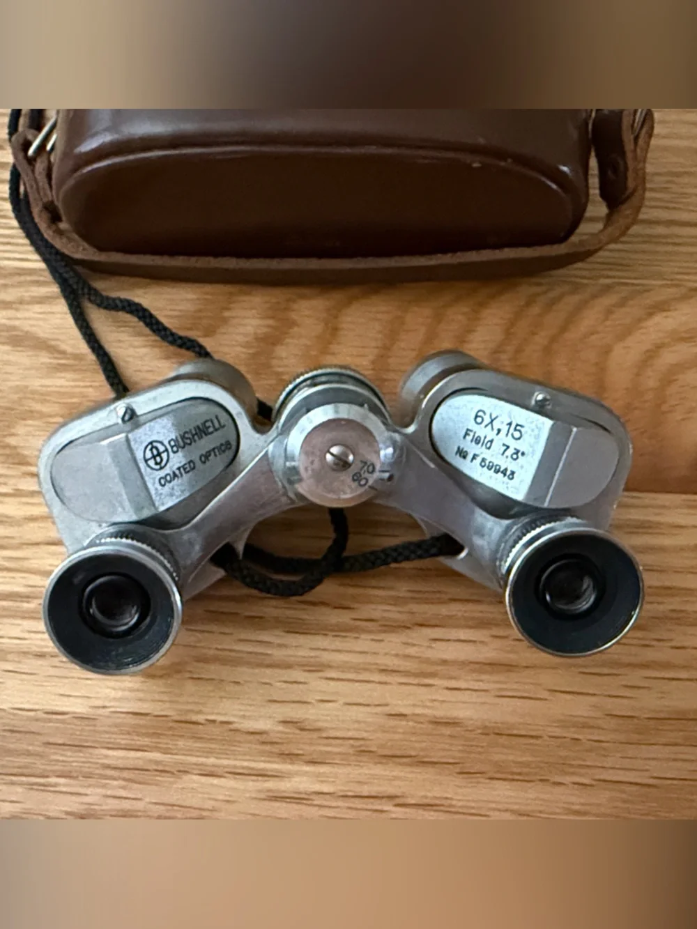 BUSHNELL 6x15 Compact Silver Binoculars with Brown Leather Case